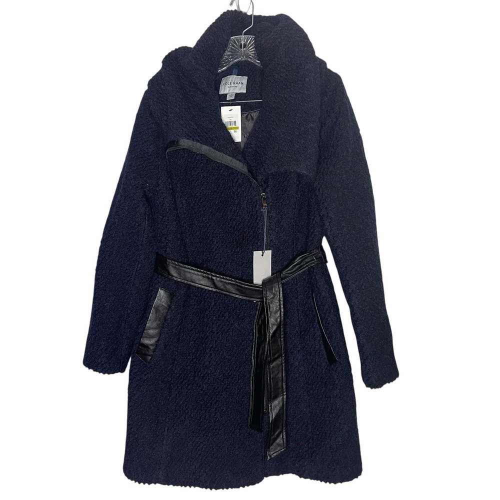 Cole Haan‎ Navy Textured Coat Faux Leather Trim Belted NWT Size 14